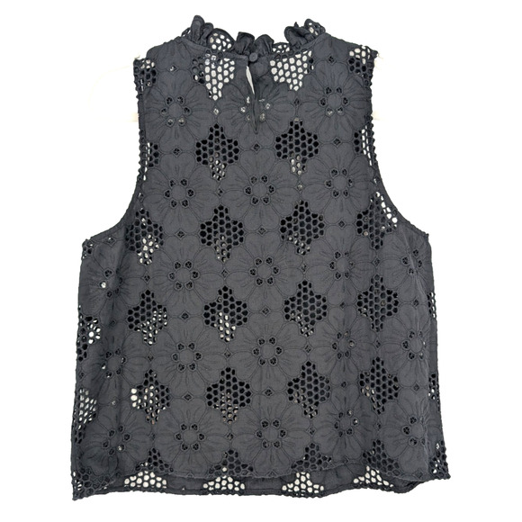 J Crew Womens Black Eyelet Floral Ruffle Neck Dark Coquette Sleeveless Top Small - Picture 4 of 9
